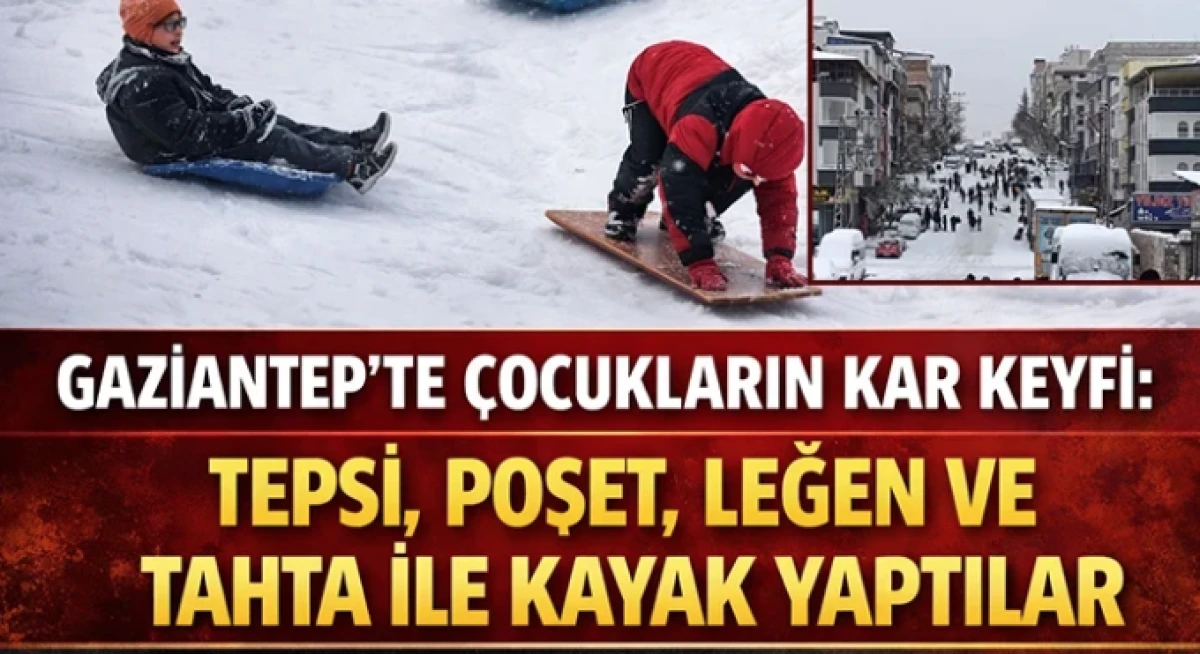 Gaziantep'te &ccedil;ocuklar tepsi, poşet ve leğenlerle kayarak eğlendi